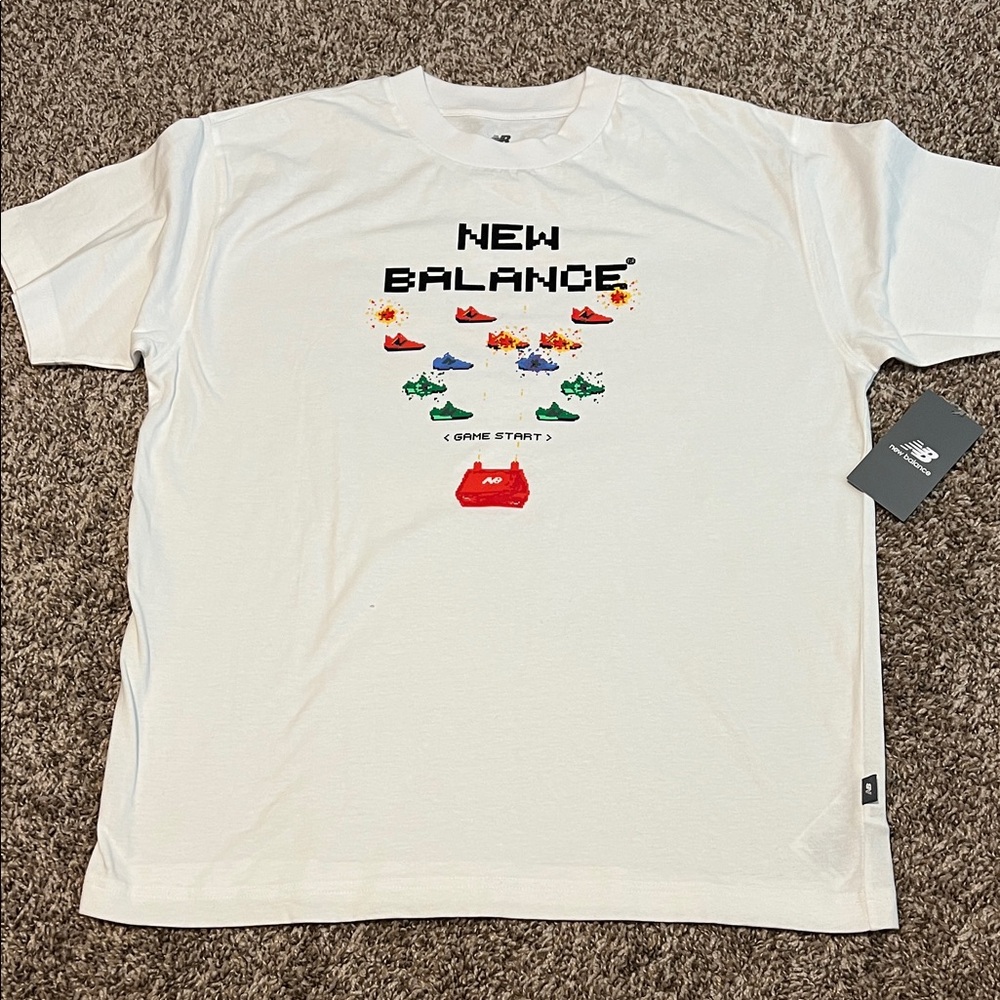 New Balance White Tee with Colorful Gaming Shoe Graphics